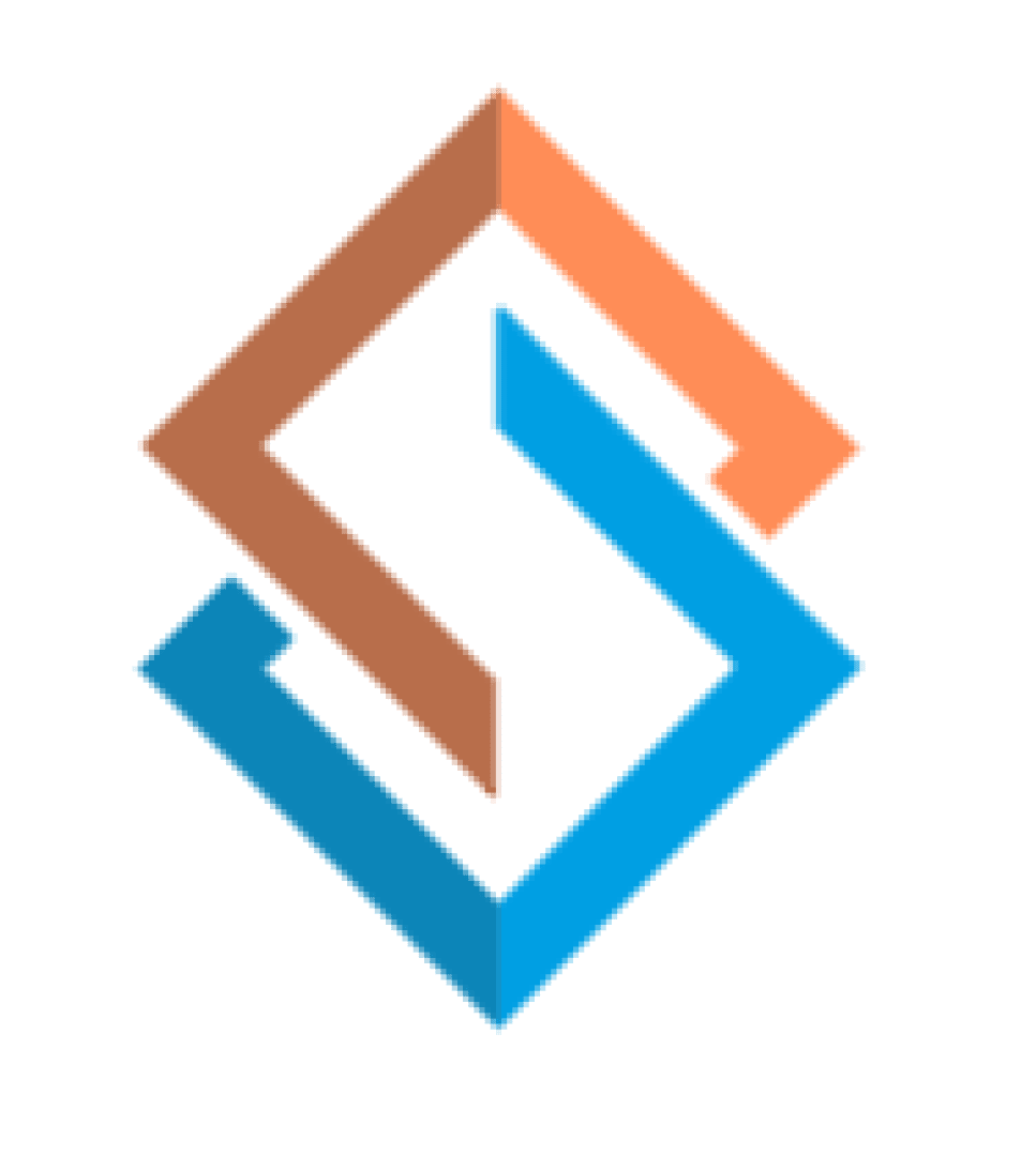 Abstract geometric logo with interlocking shapes: an orange angular S at the top left and a blue angular S at the bottom right, forming a diamond shape on a light gray background.