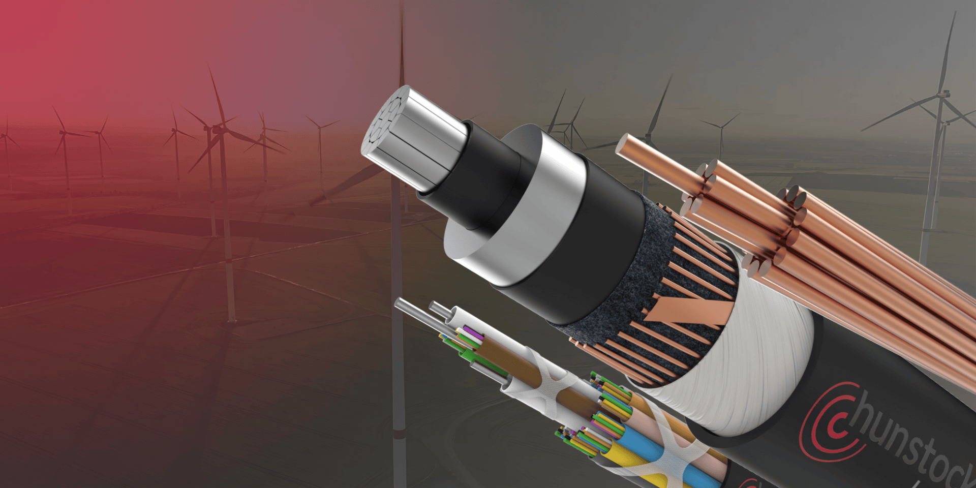 Close-up of various types of electrical cables and lines with a wind farm in the background, illustrating the connection between energy infrastructure and renewable energy sources.