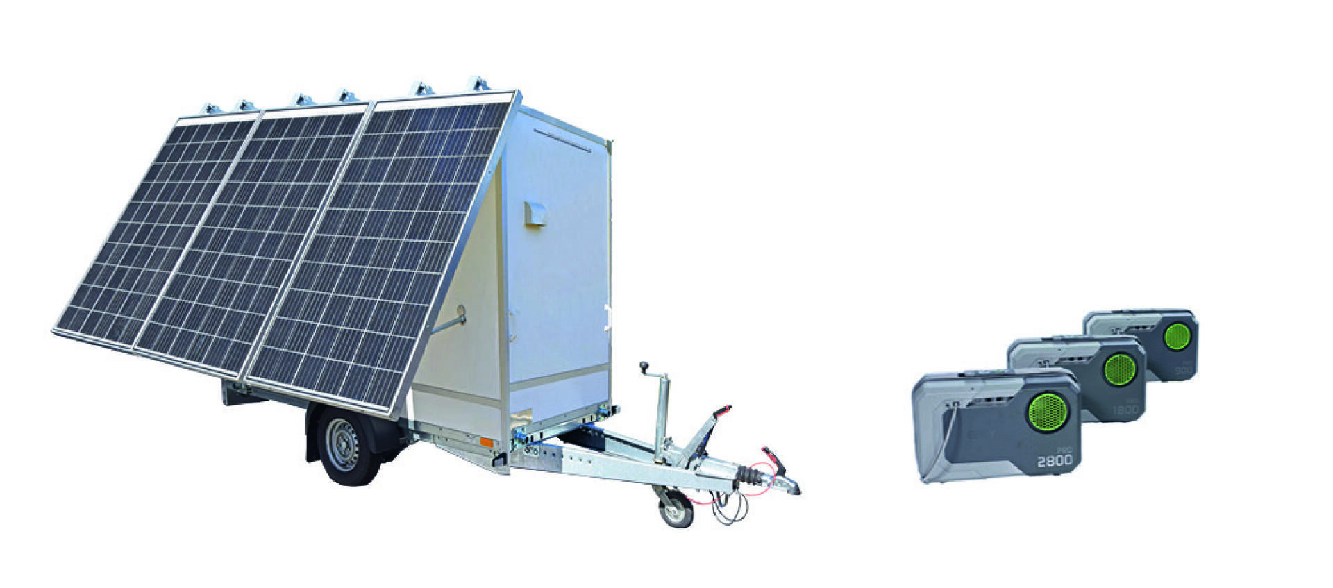 A mobile trailer with large solar panels is shown on the left, and three portable battery units with green circular vents are displayed on the right, all set against a white background.