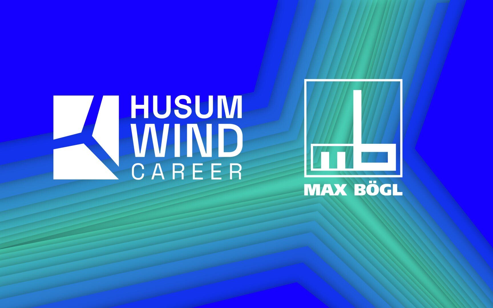 Weiße Logos von Husum Wind Career und Max Bögl auf blauem Hintergrund mit grünen diagonalen Linien, die ein abstraktes Muster bilden.