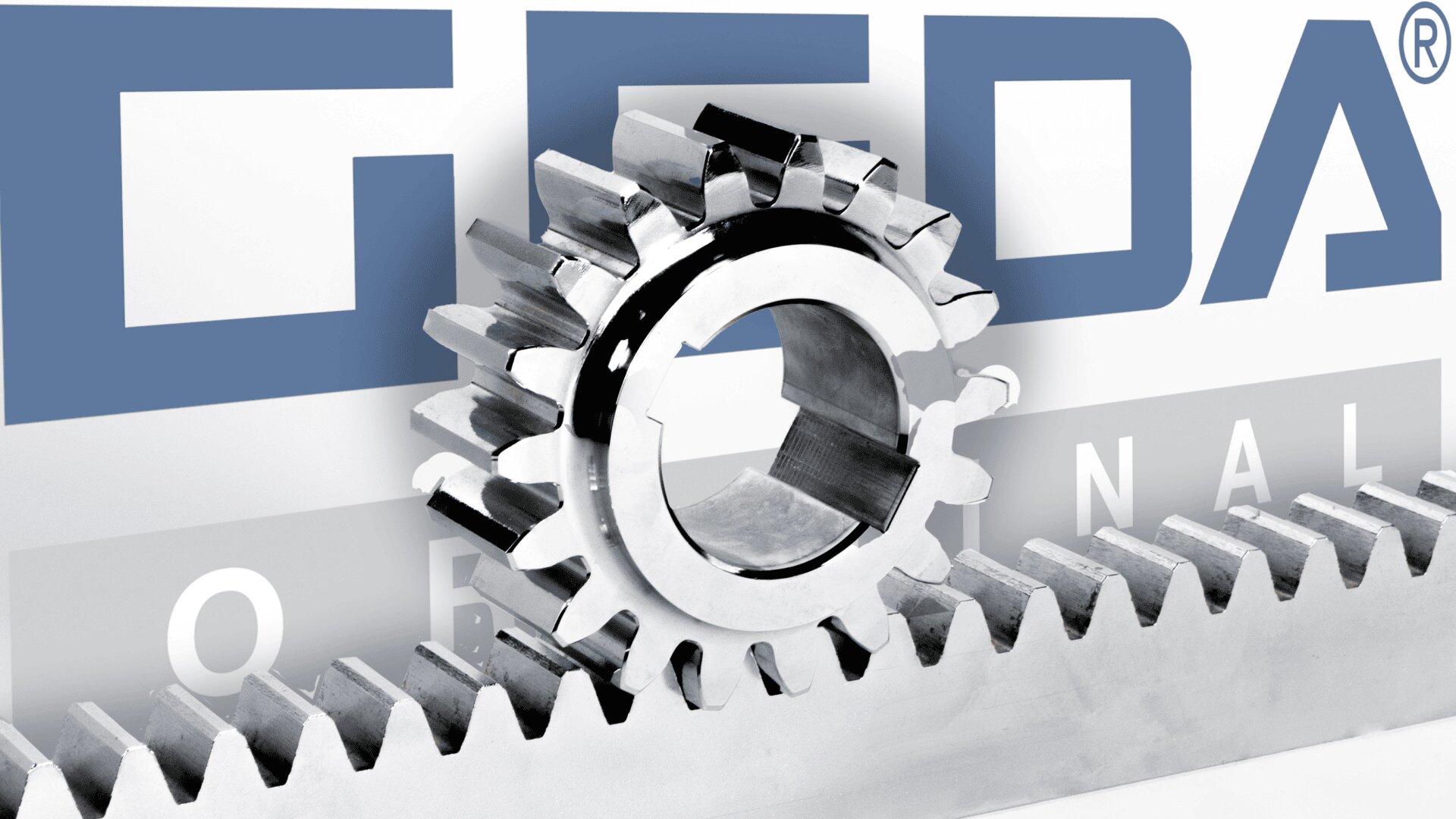 Ein Metallzahnrad und eine Zahnstange sind vor einem großen blauen GEDA-Logo positioniert, unter dem das Wort ORIGINAL teilweise sichtbar ist. Das Bild hat ein metallisches und industrielles Thema.