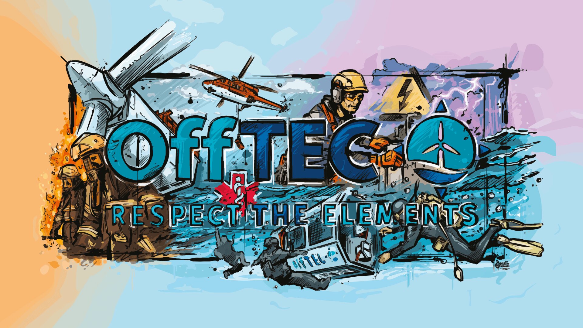 Illustration von Rettungskräften, die Menschen nach einem Hubschrauberabsturz auf See retten, mit Wellen, Feuer, einem Hubschrauber und Rettungskräften. Der Text lautet OffTEC Respect the Elements.