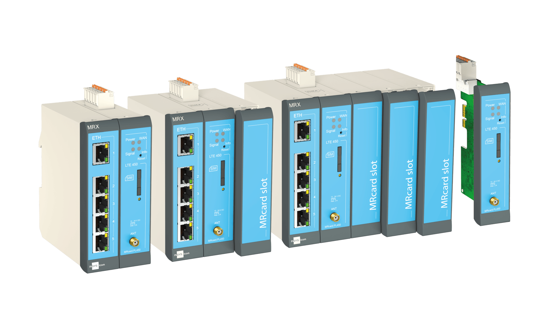 Five industrial network devices with blue front panels, labeled MCard slot, with multiple Ethernet ports and indicator lights, are arranged in a row, with one device partially removed to show its side.