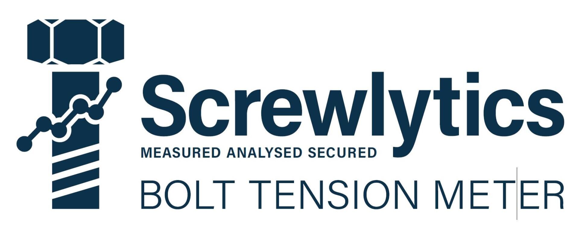 Logo for Screwlytics Bolt Tension Meter, featuring a stylized bolt with a line graph overlay and the tagline Measured Analysed Secured beneath the company name.