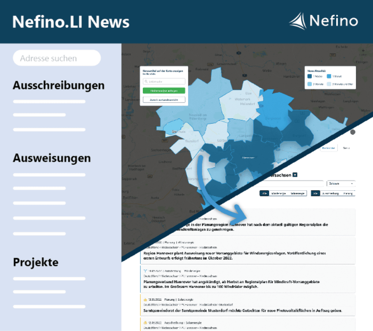 Eine Split-Screen-Grafik für Nefino.LI News zeigt eine Suchleiste, ein Navigationsmenü (Ausschreibungen, Ausweisungen, Projekte) und eine Karte mit farbigen Regionen und einer Liste von regionalen Nachrichten oder Updates darunter.
