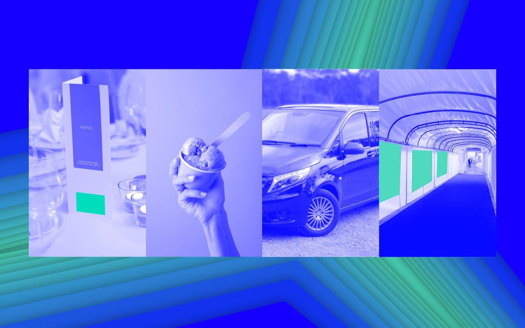 A collage shows a restaurant menu, a hand with ice cream, a parked car and an airport bridge, all in shades of blue and green with geometric patterns in the background.