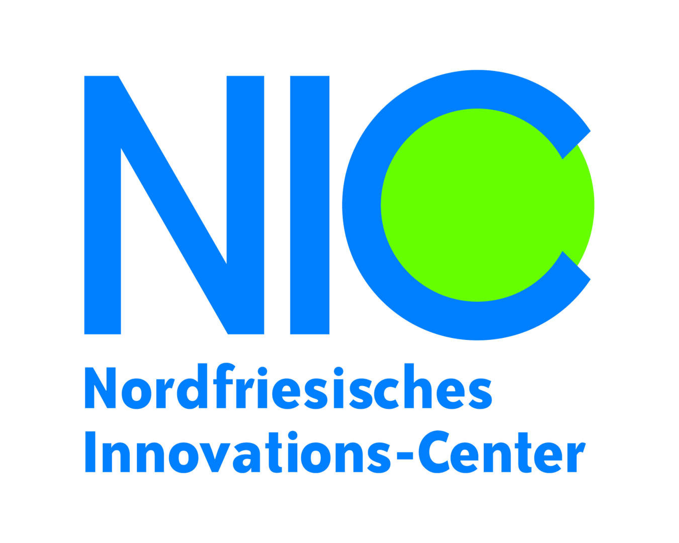 Logo des NIC Nordfriesisches Innovations-Center in blauer Schrift, mit einem großen blauen NIC darüber, wobei das C einen hellgrünen Kreis umgibt. Darunter steht in blauer Schrift der vollständige Name.