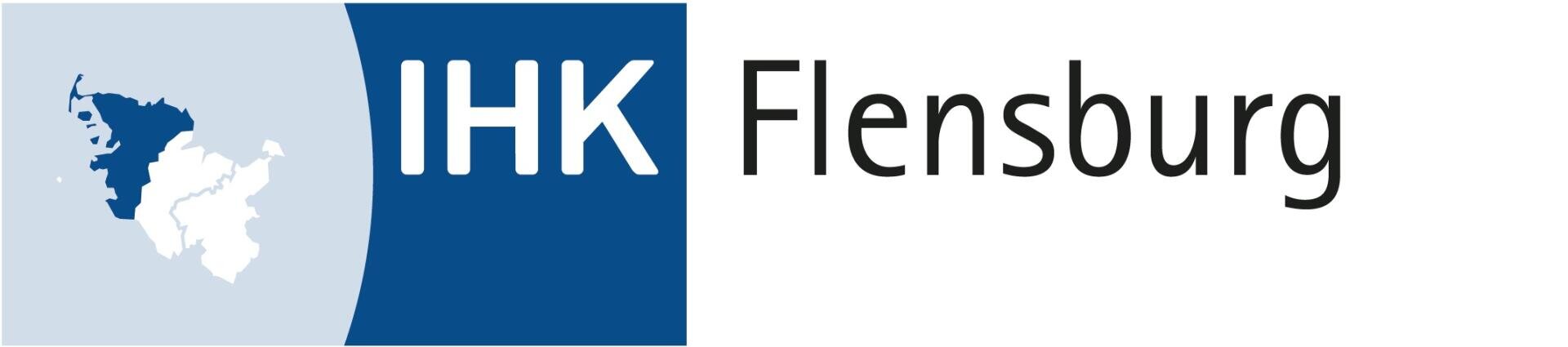 IHK Flensburg logo with a blue square containing the IHK in white letters, a map section with a highlighted region and the word Flensburg in black letters on a white background.
