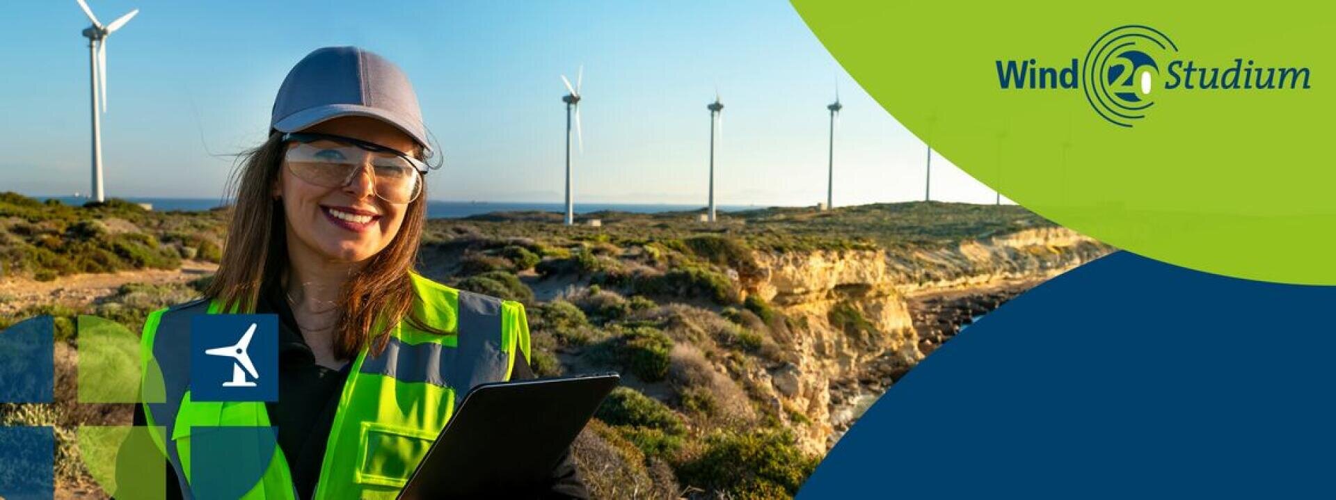 Eine lächelnde Frau in Warnweste und Mütze steht im Freien mit einem Klemmbrett, im Hintergrund Windkraftanlagen; der Logo-Text lautet Wind Studium in der oberen rechten Ecke.