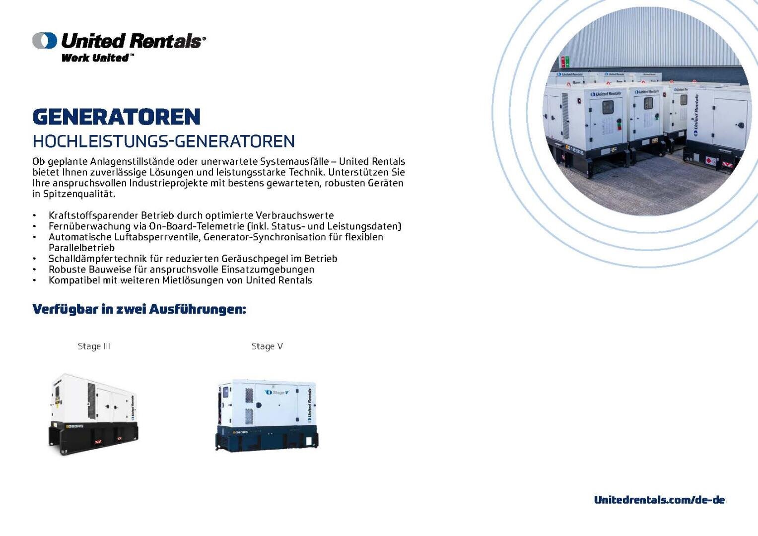 Eine deutsche Werbung für Hochleistungsgeneratoren von United Rentals zeigt zwei weiße Generatoren mit den Bezeichnungen Stage II und Stage V, mit blauen Überschriften und beschreibendem Text über ihre Eigenschaften und Vorteile auf weißem Hintergrund.