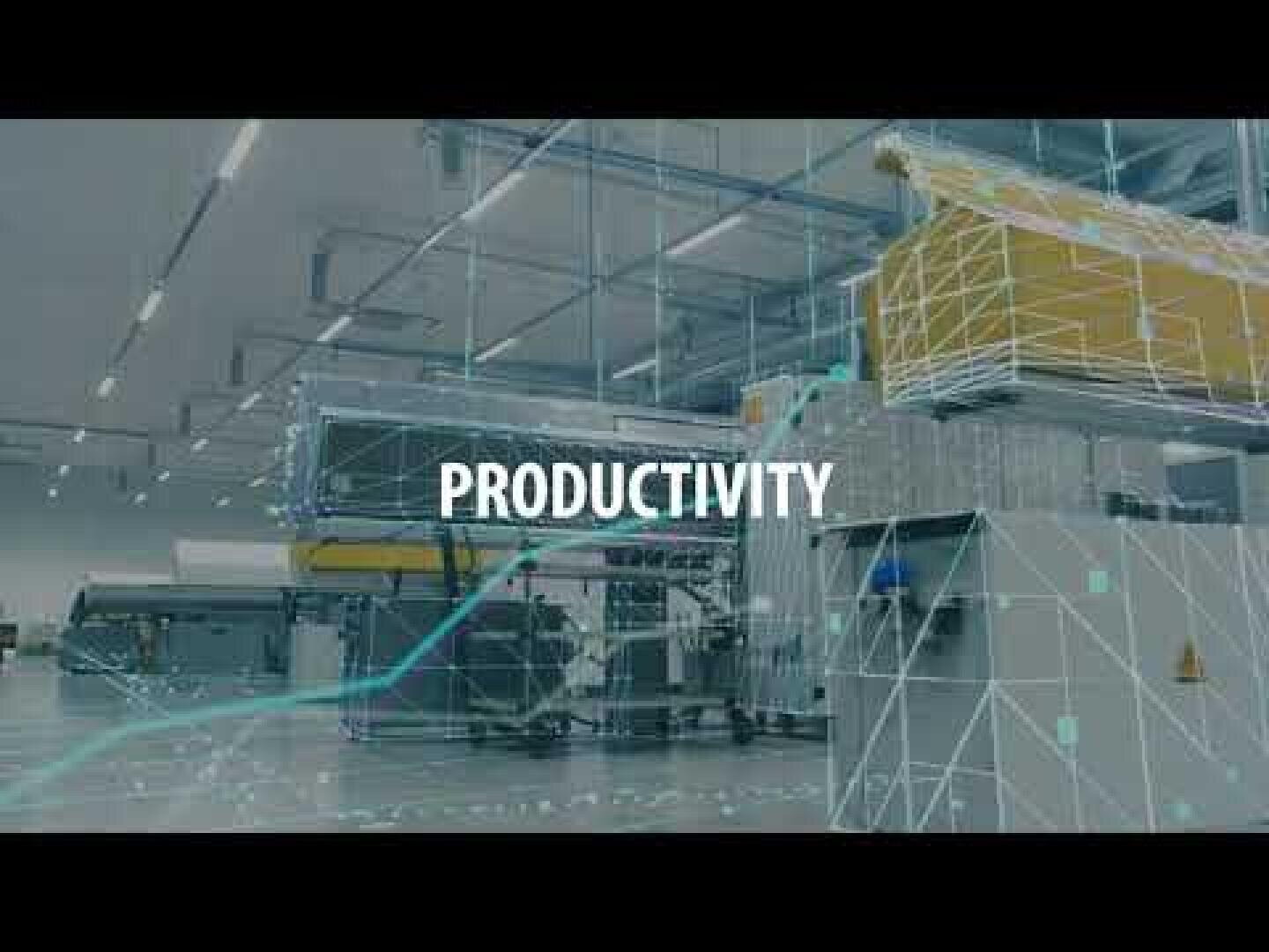 A modern factory interior with advanced machinery and digital grid overlays, highlighting the word PRODUCTIVITY in bold white letters at the center.