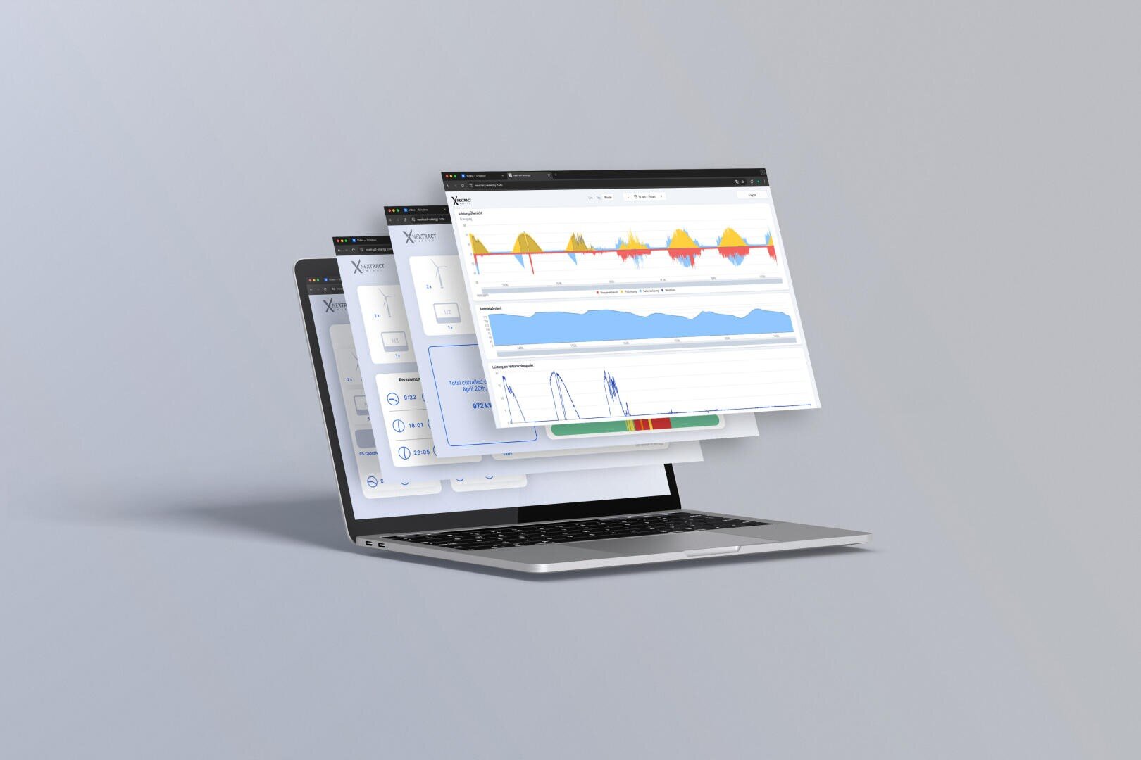 Ein Laptop mit drei schwebenden, sich überlappenden Daten-Dashboard-Bildschirmen, die Grafiken, Diagramme und Analysen auf hellgrauem Hintergrund zeigen.