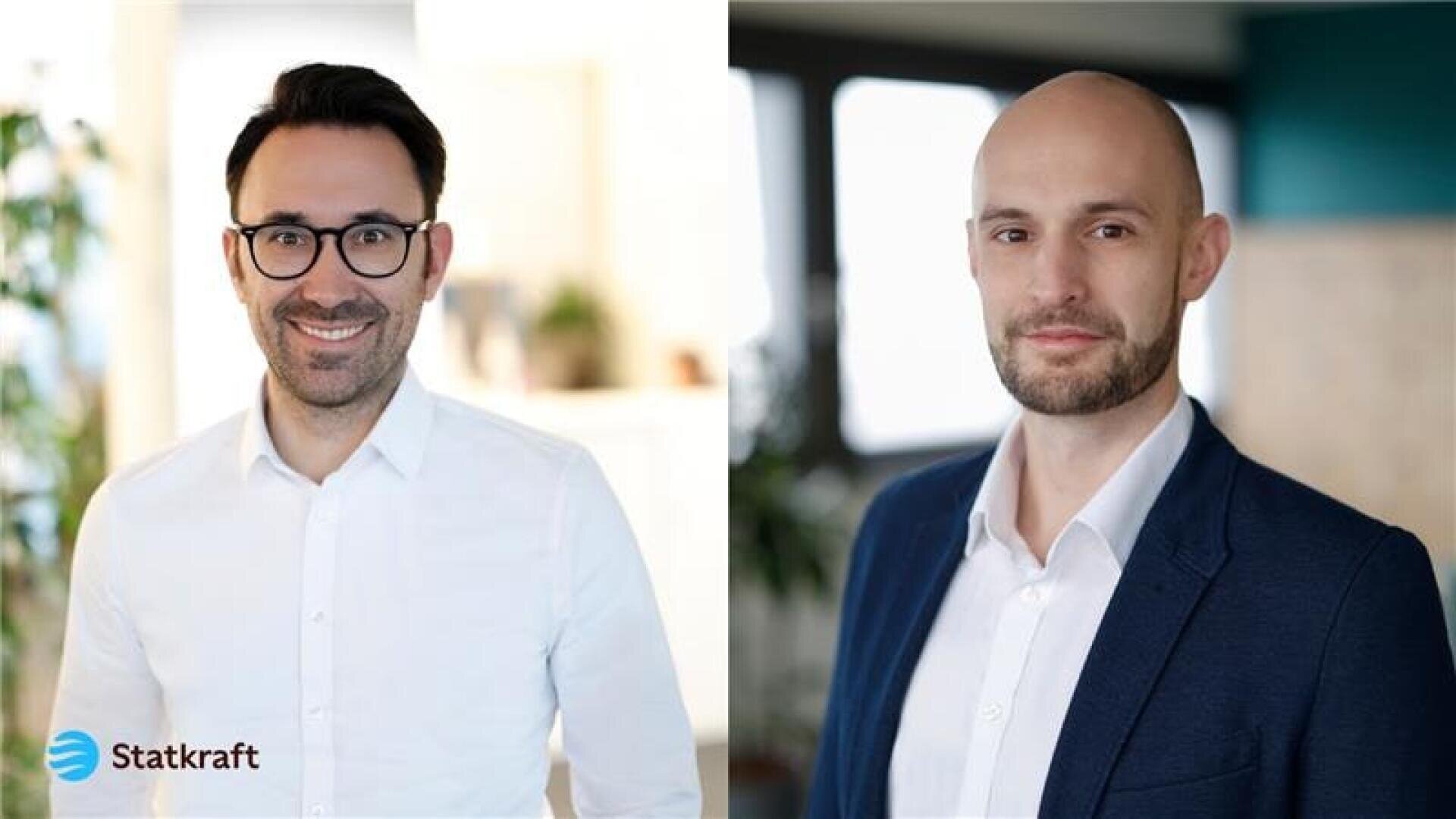 Two men in business attire are pictured side by side; the man on the left wears glasses and a white shirt, the man on the right is bald and wears a dark blazer over a white shirt. The Statkraft logo can be seen in the bottom left corner.