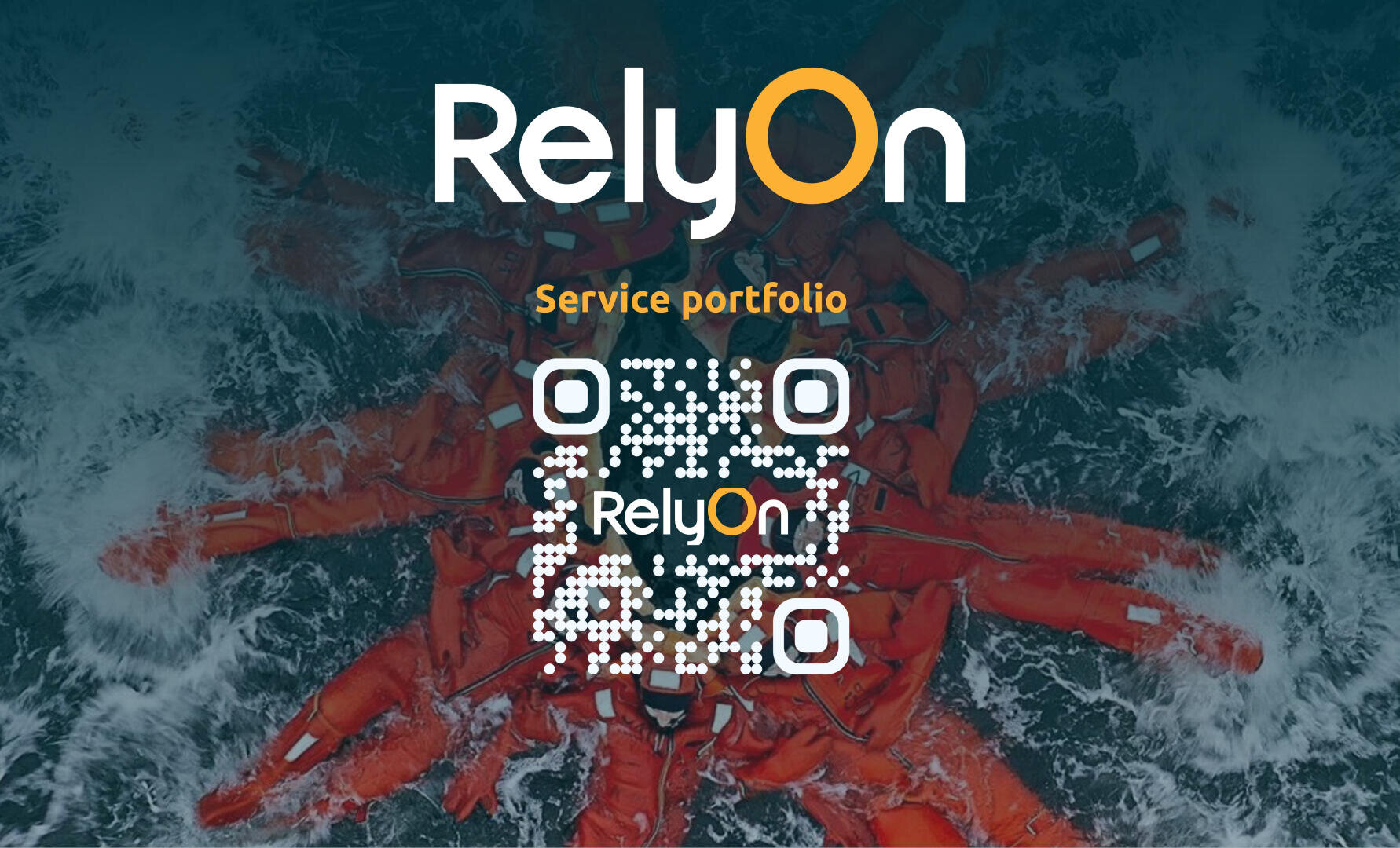 RelyOn Service Portfolio QR code over an image of people in orange survival suits swimming in a circle in the water, with RelyOn and Service Portfolio text above the code.