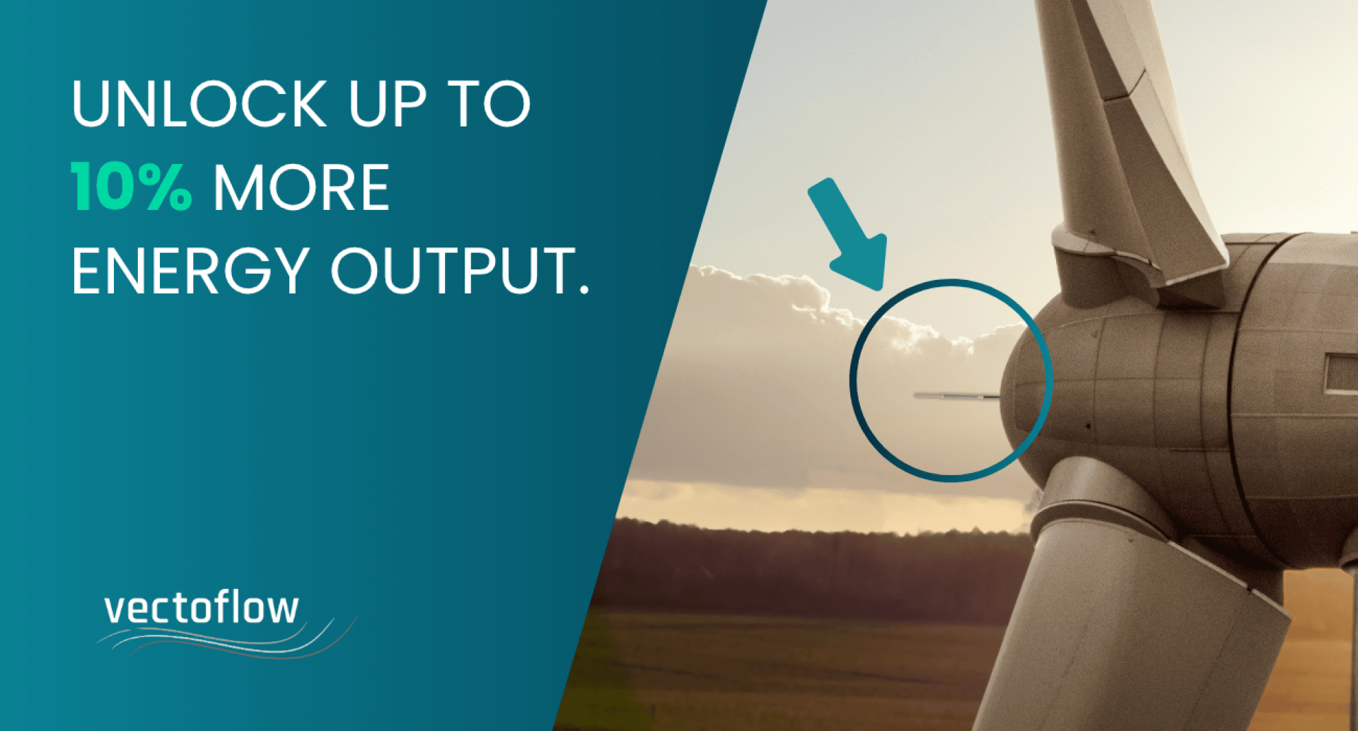 A wind turbine with an arrow pointing to a sensor on its hub, next to text that reads Unlock up to 10% more energy output. The logo vectoflow appears at the bottom left.
