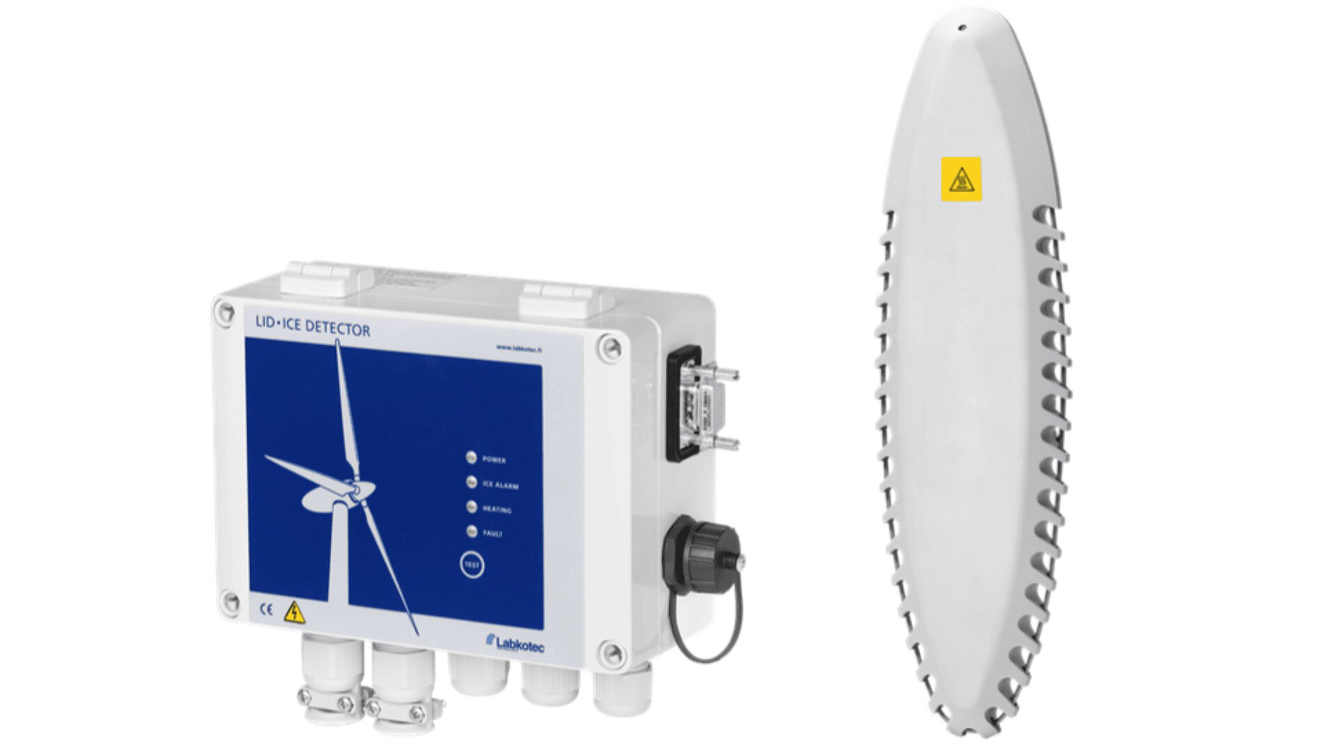 Zwei elektronische Geräte: eine rechteckige Steuereinheit mit einer Windturbinengrafik und der Aufschrift LD-ICE DETECTOR sowie ein schlanker, ovaler Sensor mit geriffelten Kanten und einem gelben Warnsymbol.
