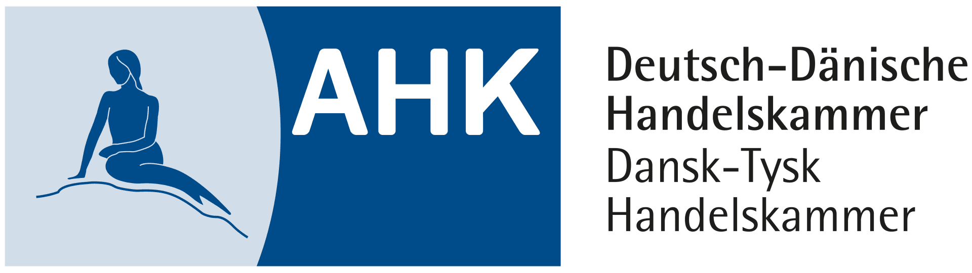 Logo with a stylized drawing of the statue of the Little Mermaid, the abbreviation AHK and the text Deutsch-Dänische Handelskammer and Dansk-Tysk Handelskammer on a white background.