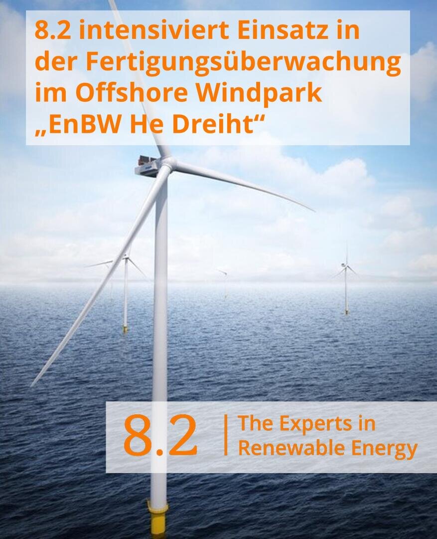 Eine Grafik mit Offshore-Windturbinen im Meer unter einem bewölkten Himmel. Der orangefarbene Text hebt die verstärkte 8,2s-Überwachung im Windpark EnBW He Dreiht hervor. Der untere Text lautet: 8.2 Die Experten für erneuerbare Energien.