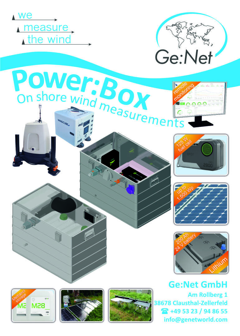 Werbeplakat für die Power:Box der Ge:Net GmbH, ein Gerät für Onshore-Windmessungen, mit Produktbildern, Datenbildschirmen, Solarpanels, Firmenlogo und Kontaktinformationen.