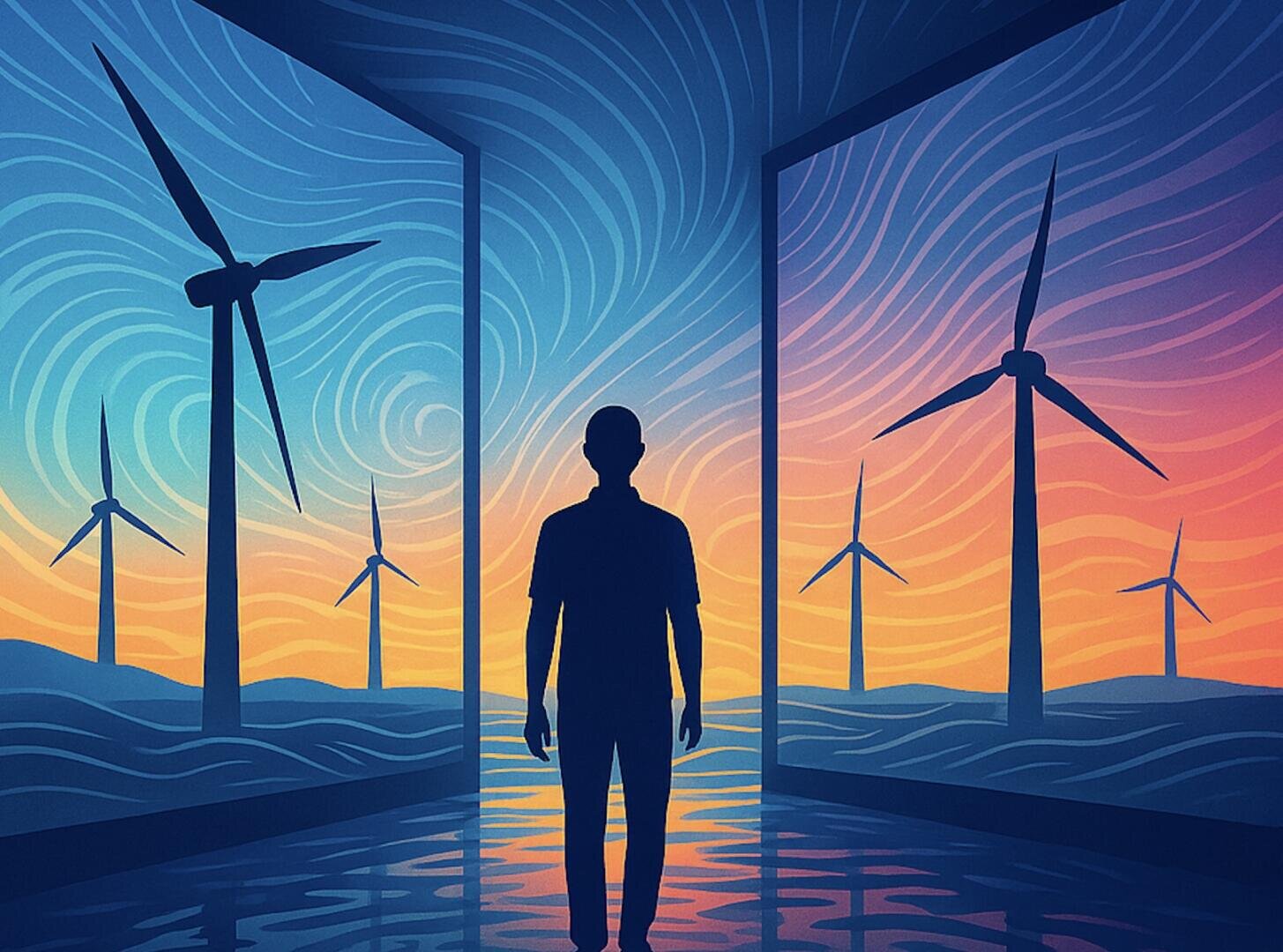 Die Silhouette einer Person steht zwischen zwei großen Paneelen mit Windturbinen in einer wirbelnden, farbenfrohen Landschaft bei Sonnenuntergang und symbolisiert erneuerbare Energien und Umweltbewusstsein.
