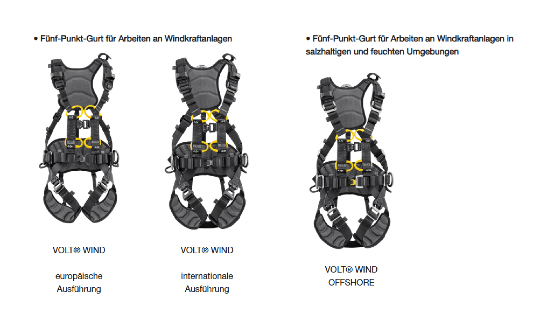 Three black five-point safety harnesses for working on wind turbines are shown. The first is labeled European version, the second International version, and the third OFFSHORE for use in salty and humid environments.