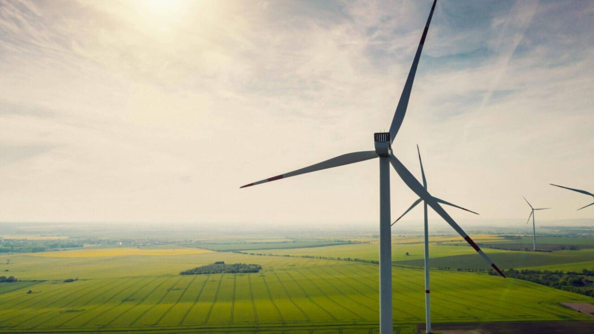 Large wind turbines stand over expansive green fields under a hazy sky, with sunlight streaming in. The landscape stretches to the horizon, highlighting renewable energy in a rural setting.