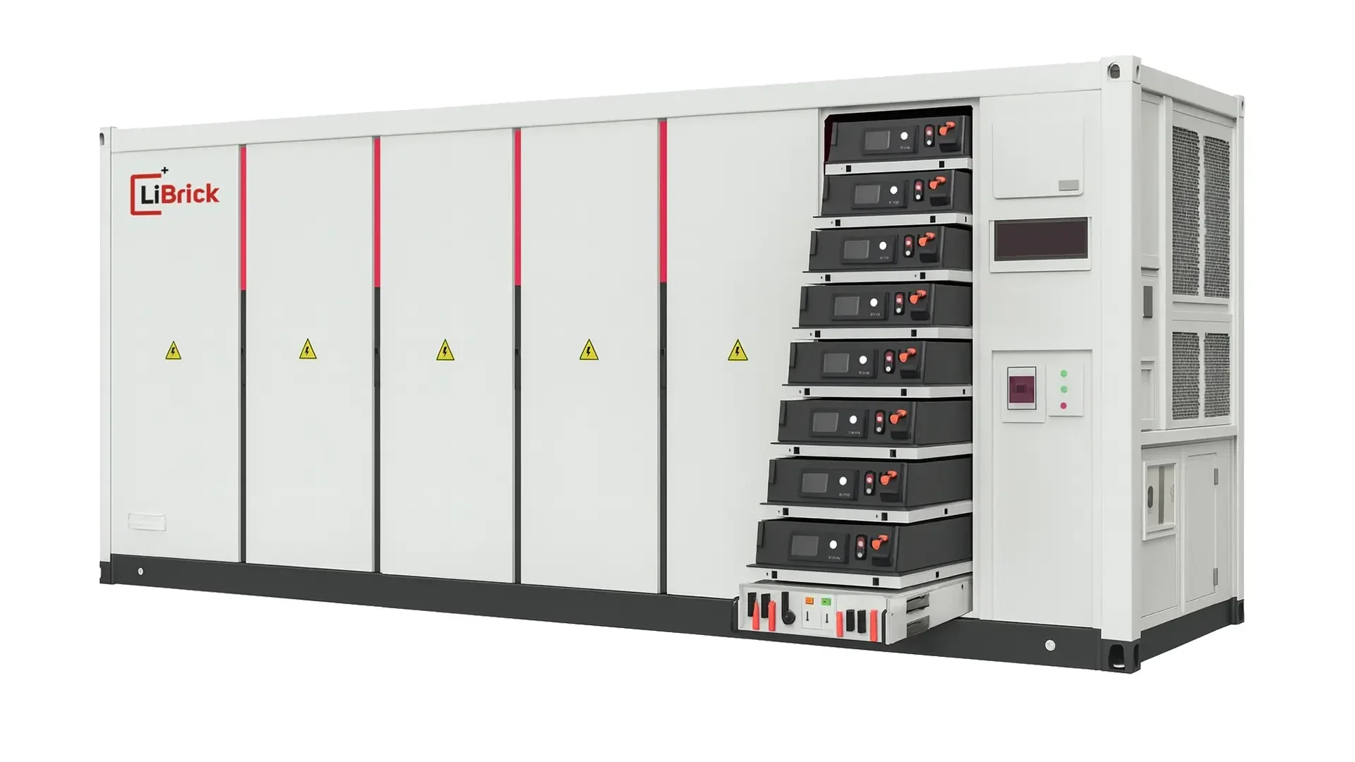 Ein großer industrieller Energiespeicherschrank mit der Aufschrift LiBrick mit mehreren, teilweise herausgezogenen Batteriemodulen und mehreren Warnschildern auf seinem weiß-grauen Äußeren.
