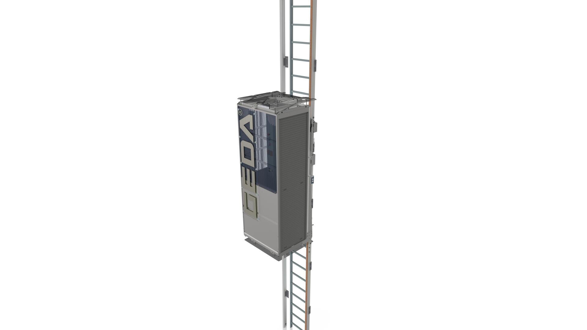A construction hoist with the designation GEDA is attached to vertical rails with two parallel ladders on both sides and is used to lift materials or people on a construction site.