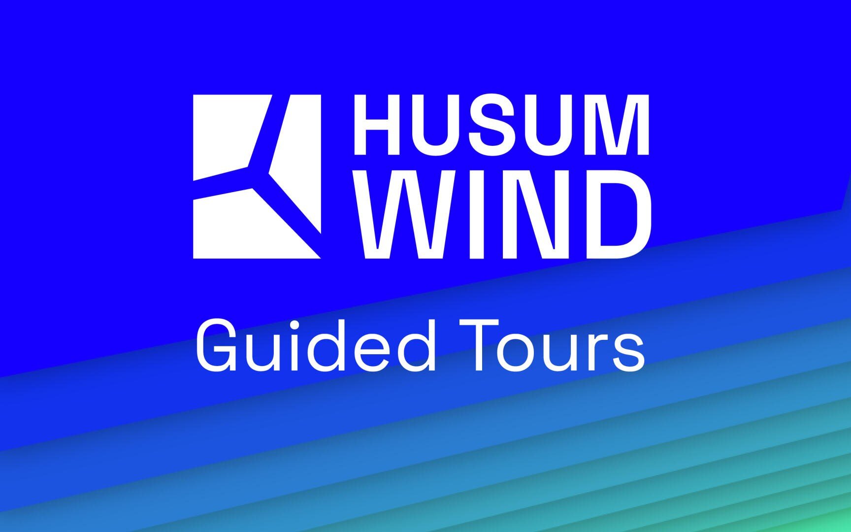 Husum Wind-Logo mit einer Windturbinengrafik, fettem weißem Text HUSUM WIND und Guided Tours auf einem blauen und blaugrünen geometrischen Hintergrund.