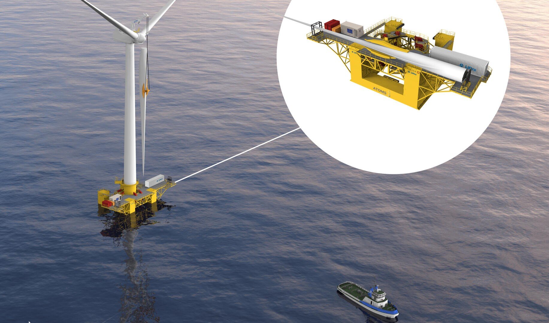 An offshore wind turbine stands in the sea with a maintenance platform attached at its base; a circular inset shows a detailed view of the yellow platform. A small vessel floats nearby on the water.