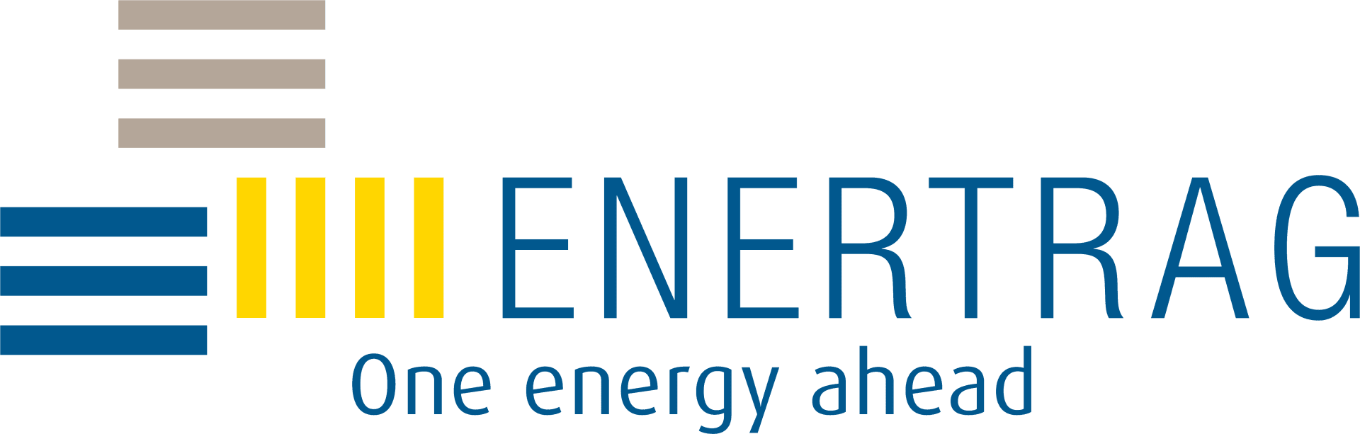 ENERTAG-Logo mit blauen und gelben horizontalen Balken links vom Namen ENERTAG in blauer Schrift, darunter der Slogan One energy ahead in kleinerer blauer Schrift.