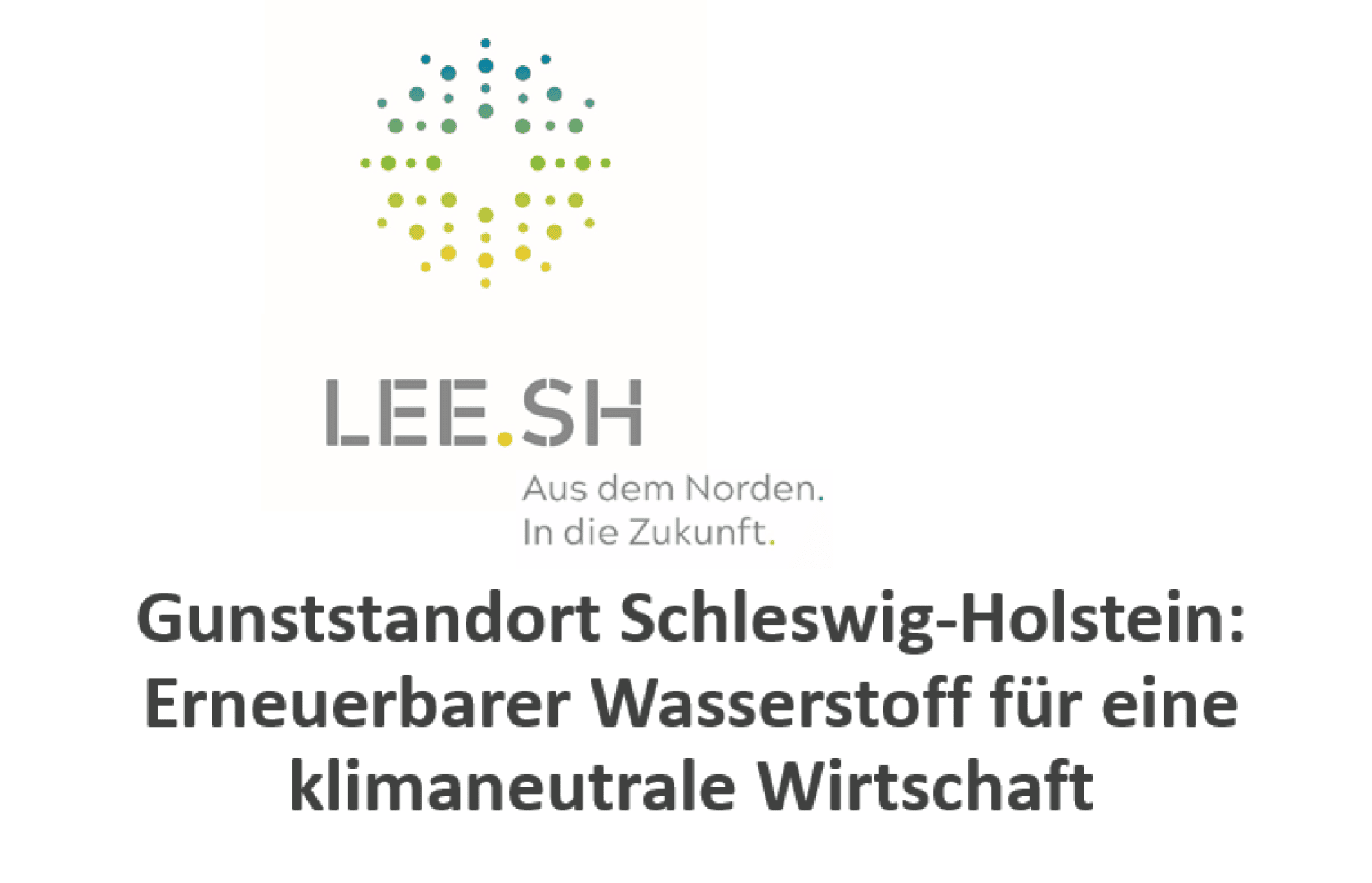 Logo mit farbigen Punkten, die eine Kreisform über dem Text LEE.SH und dem Slogan Aus dem Norden. In die Zukunft. Darunter steht in fetter Schrift: Gunststandort Schleswig-Holstein: Erneuerbarer Wasserstoff für eine klimaneutrale Wirtschaft.