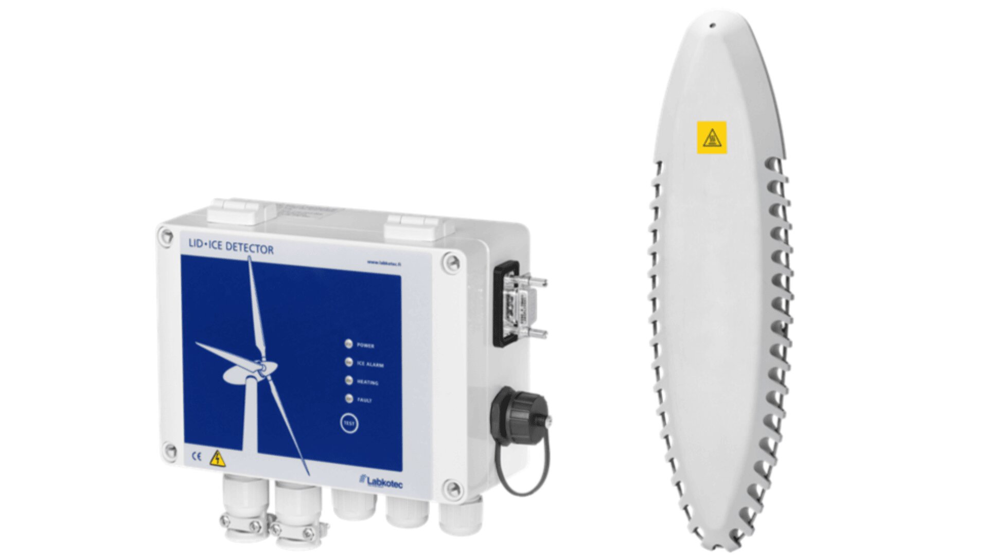 A wind turbine ice detector system featuring a blue control unit with indicator lights, labeled LID-ICE DETECTOR, and a sleek, elongated sensor device with a warning symbol.