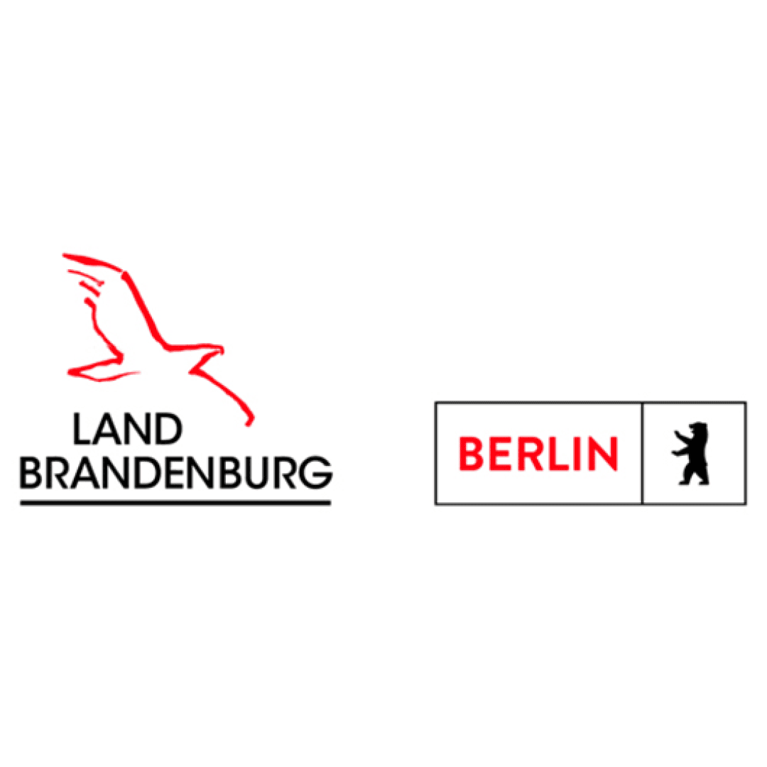 Logos of the states of Brandenburg and Berlin. The Brandenburg logo shows a red outline of a flying bird over black text, while the Berlin logo shows Berlin in red with a black bear silhouette on the right.