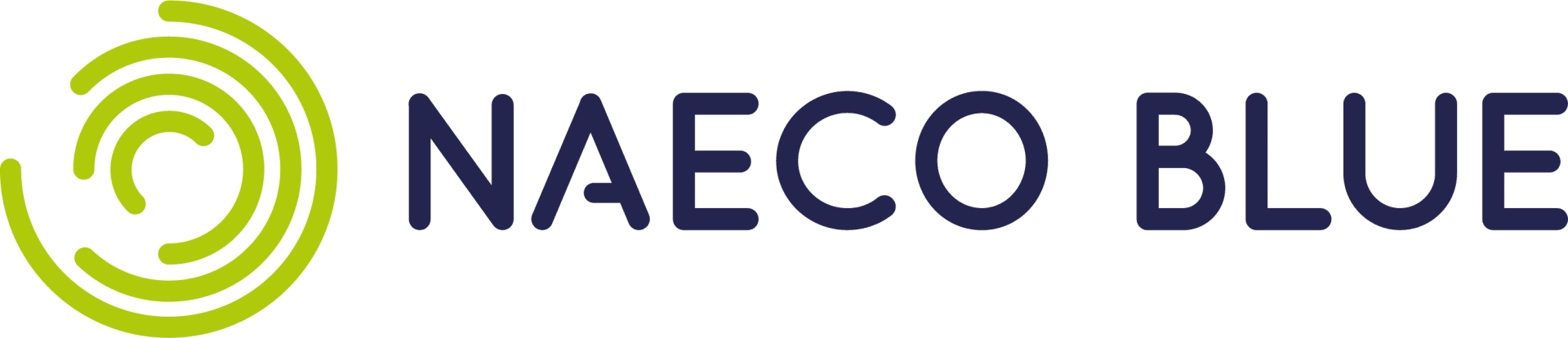 Logo for NAECO BLUE with stylized yellow-green circular swirl design on the left side and dark blue text on the right side.