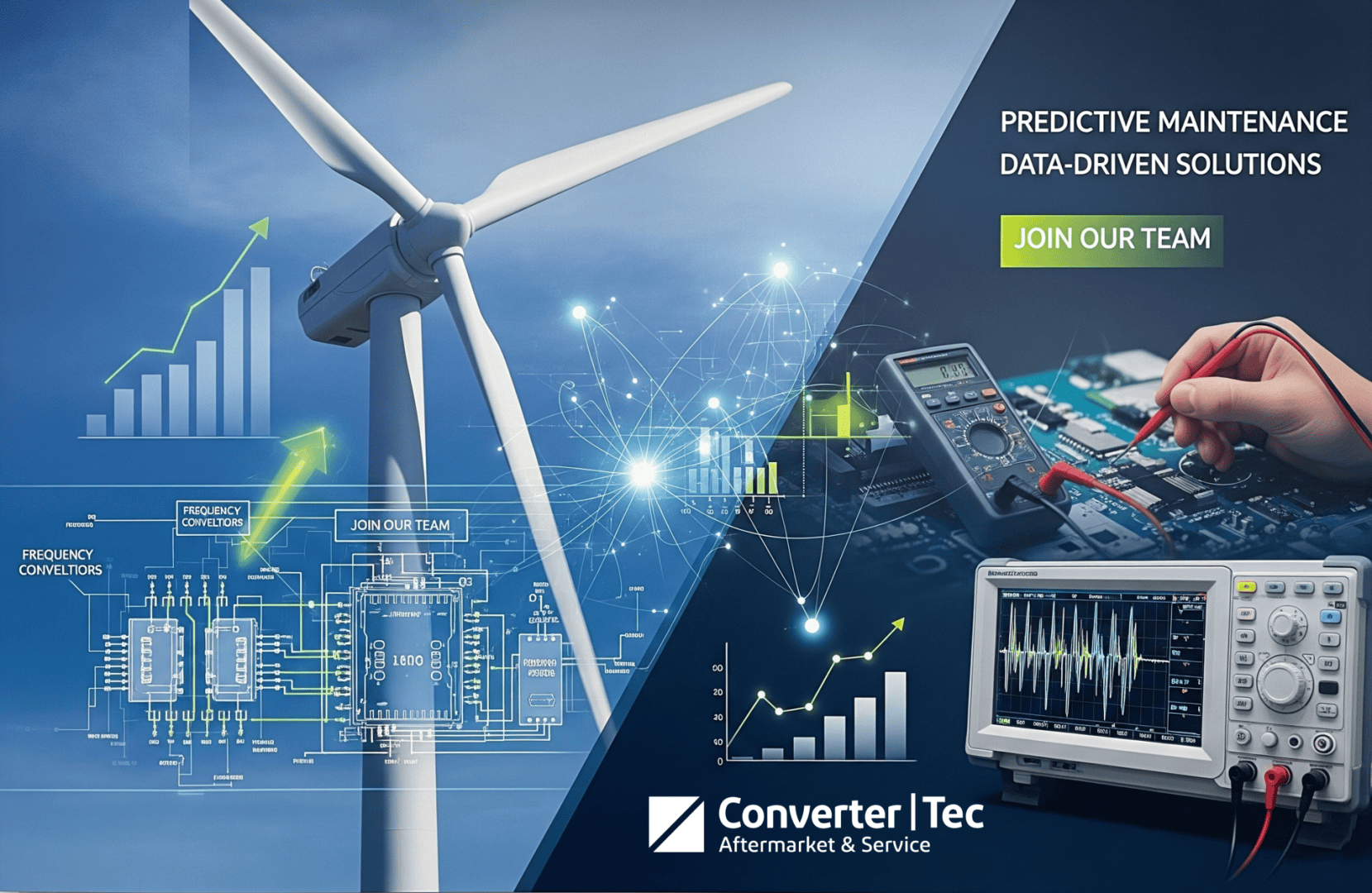 Eine Windturbine und digitale Schaltkreisgrafiken auf der linken Seite gehen in einen Ingenieur über, der auf der rechten Seite Elektronik prüft und mit den Schaltflächen "Join Our Team" für Karrieren im Bereich der vorausschauenden Wartung bei Converter Tec wirbt.