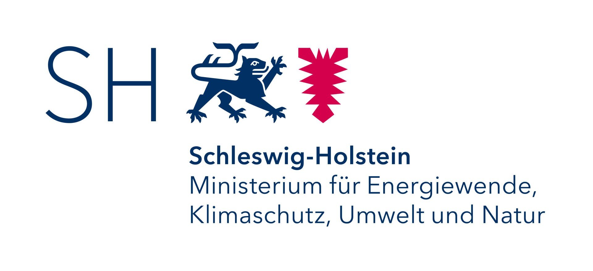 Logo of the Ministry for Energy Transition, Climate Protection, Environment and Nature of the State of Schleswig-Holstein. It shows stylized blue letters SH, a blue lion, a red nettle leaf and a German text with the name of the ministry.
