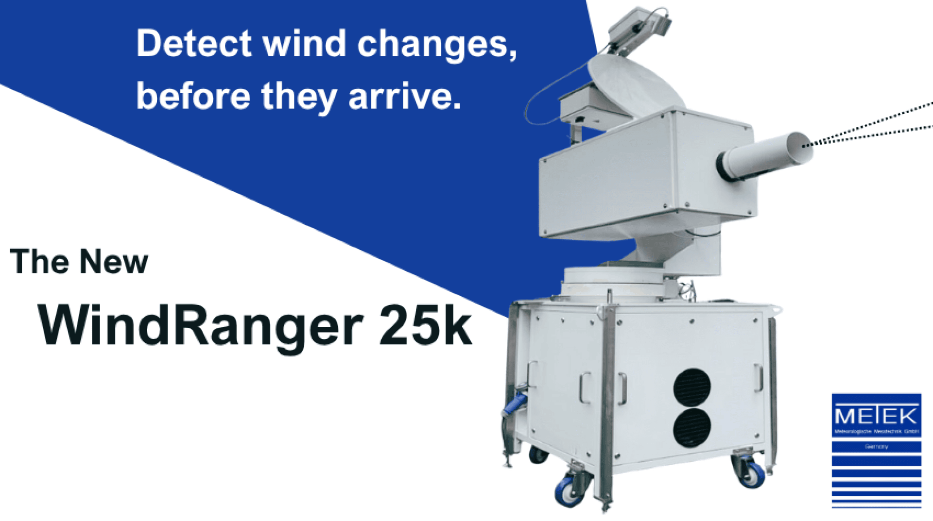 Ein weißes, kastenförmiges Windmessgerät mit einem rotierenden Sensor ist auf Rädern abgebildet. Der Text lautet: Erkennen Sie Windänderungen, bevor sie eintreffen. Der neue WindRanger 25k. In der Ecke erscheint das MEIEK-Firmenlogo.