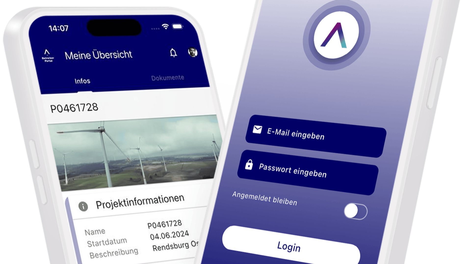 Zwei Smartphones zeigen eine deutschsprachige App-Oberfläche. Eines zeigt Projektdetails mit einem Windparkfoto, das andere einen Anmeldebildschirm mit Feldern für E-Mail und Passwort und einem Logo über dem Formular.