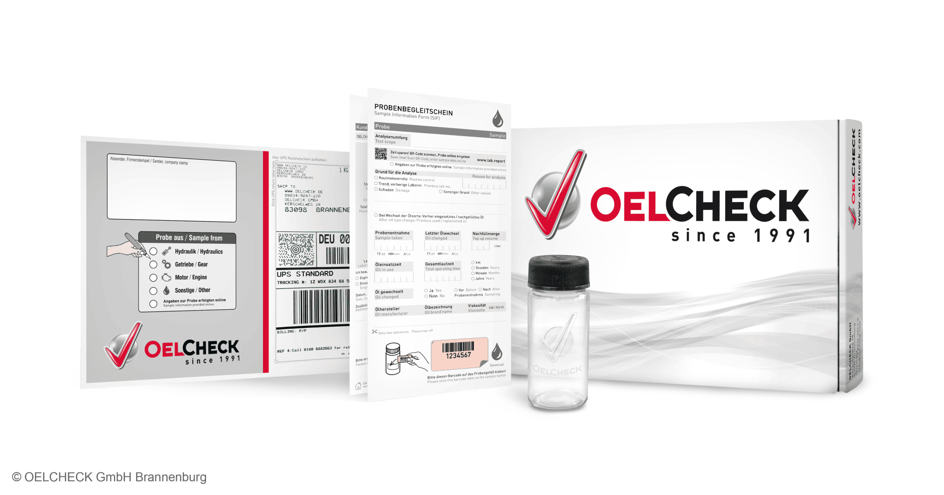 The OELCHECK analysis kit consists of a branded cardboard box, instructions for use, a sample container and a shipping label and was developed for the simple and reliable collection of oil or liquid samples and for laboratory tests.