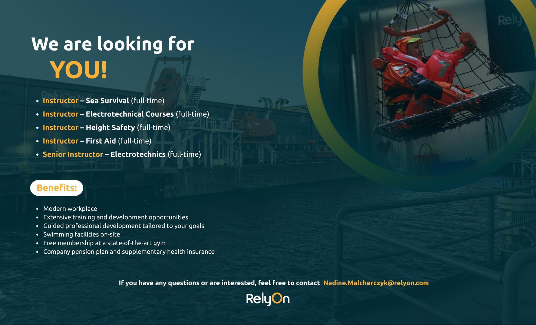 A recruitment poster for RelyOn featuring job openings for instructors and a list of benefits. The background shows a person in safety gear being lifted over water near an industrial dock. Contact info and company logo are visible.