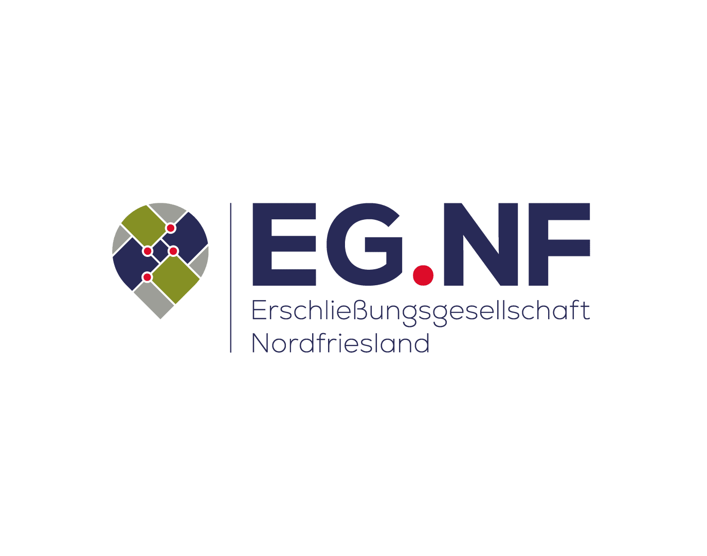 Logo of EG.NF (Erschließungsgesellschaft Nordfriesland) with a stylized map needle graphic on the left and the name of the organization in blue and grey lettering on a light background.