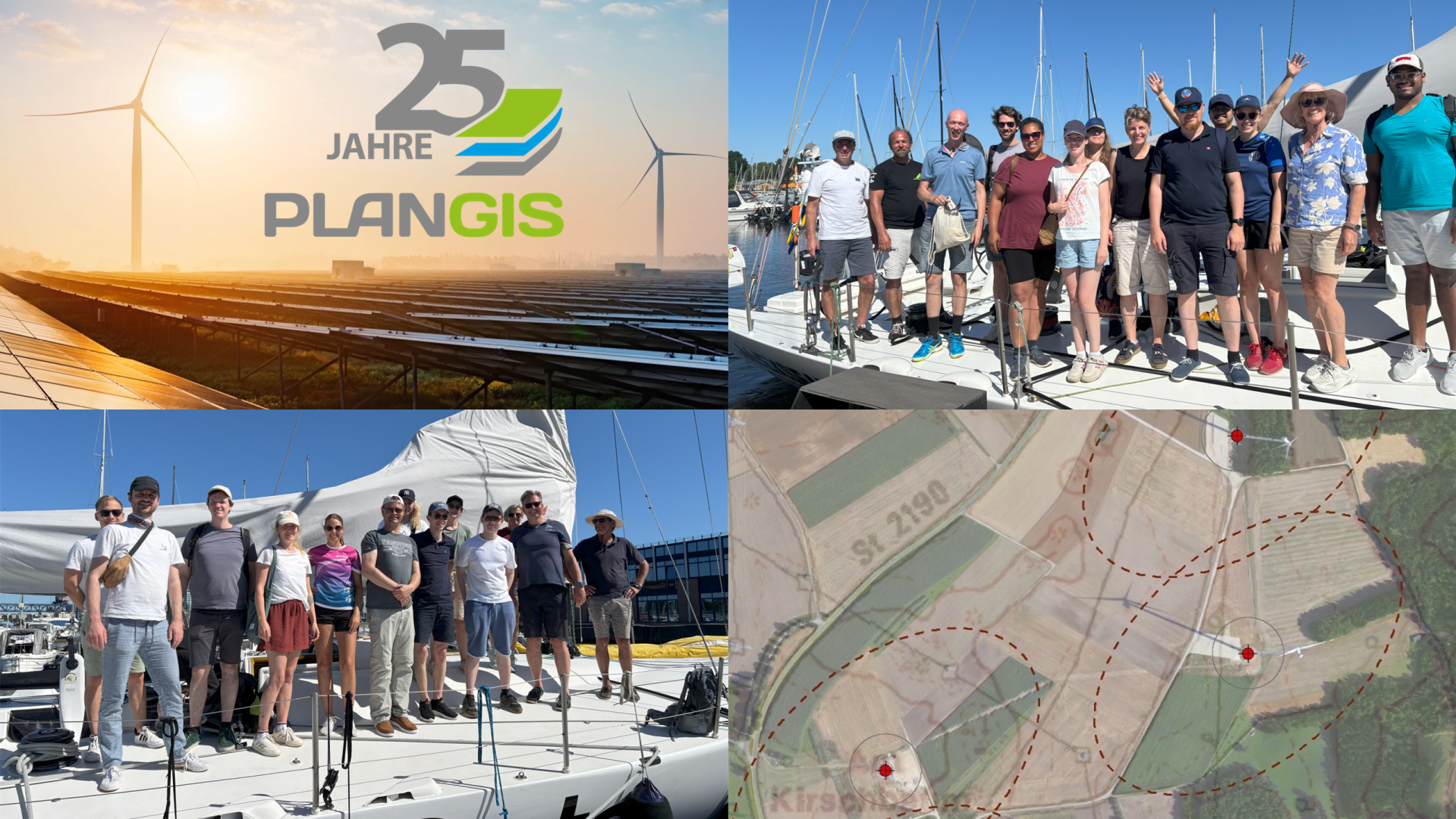 A collage shows the logo for the 25th anniversary of Plangis, groups of people on sailing boats and a map with marked routes through fields and forests. One picture shows wind turbines and solar panels.
