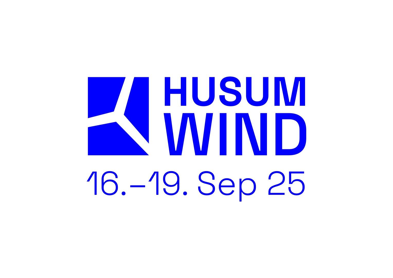 Logo for HUSUM WIND with a blue wind turbine graphic on the left and the event dates "Sep 16-19, 25" at the bottom in blue lettering on a white background.