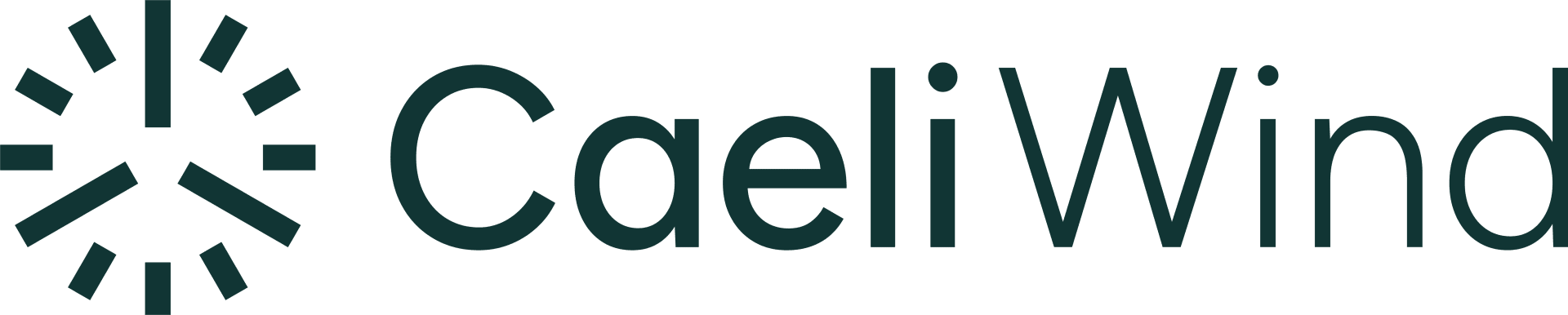 Logo for CaeliWind with a stylized, circular wind turbine graphic to the left of the name, written in a clean, modern dark green font.
