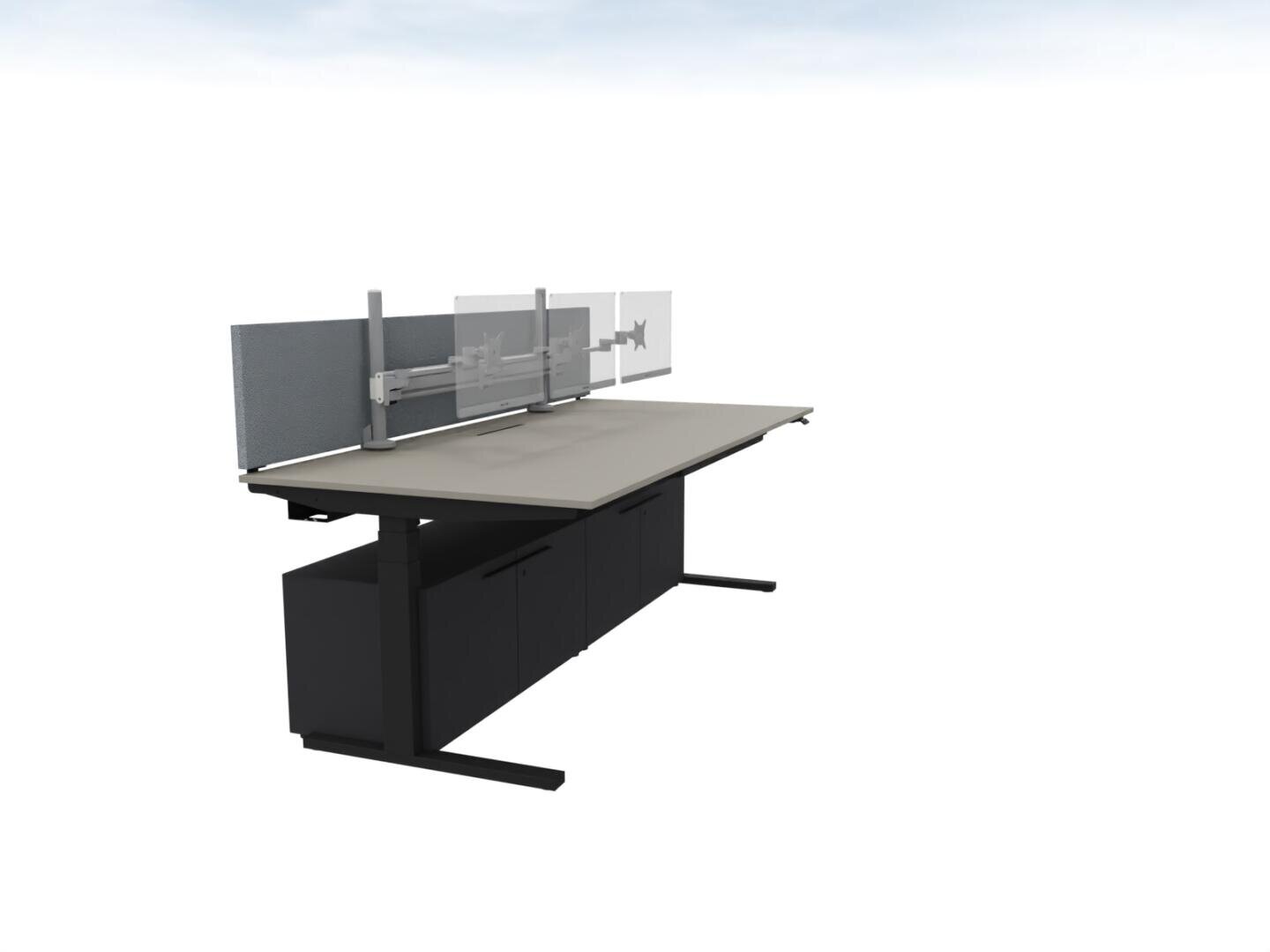 A modern, height-adjustable desk with a light-colored tabletop, dark base units, privacy screens and monitor mounts against a white background with a light blue sky at the top.