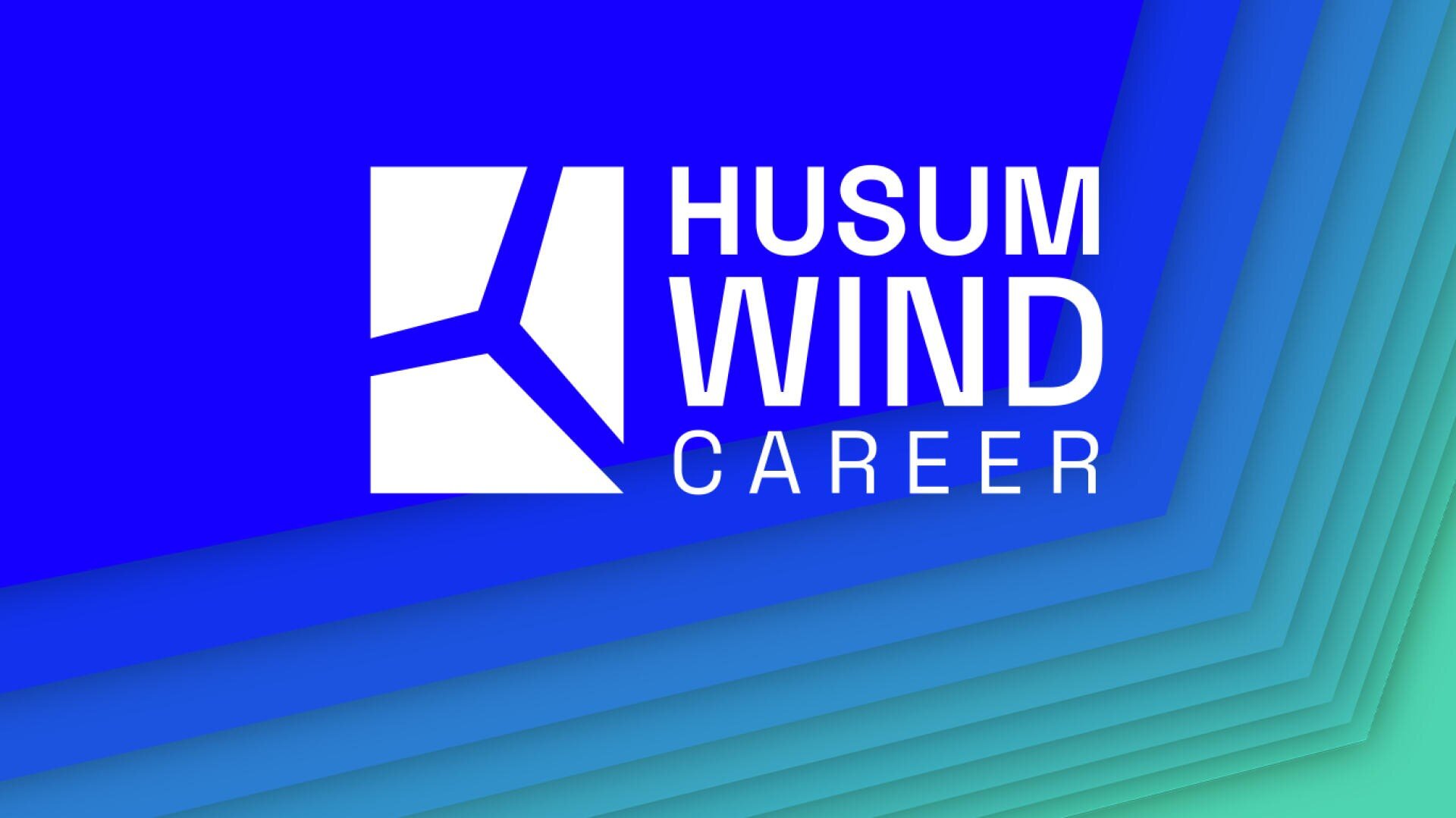 Logo für Husum Wind Career mit einem weißen Windrad-Symbol auf blauem Hintergrund mit einem Farbverlauf aus blauen und blauen Linien in den Ecken. Der Text "Husum Wind Career" erscheint in fetten weißen Buchstaben.