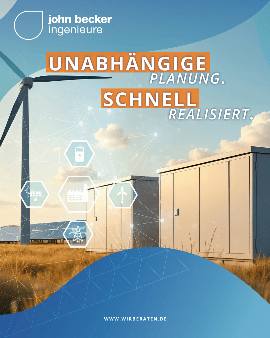 Ein Windrad und weiße Versorgungsgebäude stehen in einem grasbewachsenen Feld unter blauem Himmel. Der Text in Orange und Blau lautet: Unabhängige Planung. Schnell realisiert. Sechseckige Icons zeigen Energie- und Techniksymbole.