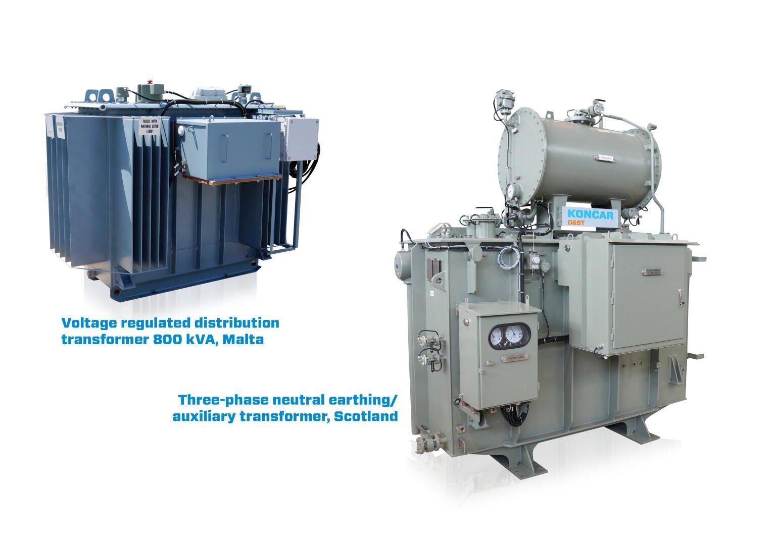 Zwei elektrische Industrietransformatoren: links ein blauer spannungsgeregelter Verteilertransformator (800 kVA) aus Malta, rechts ein grauer dreiphasiger Nullerdungs-/Hilfstransformator aus Schottland.