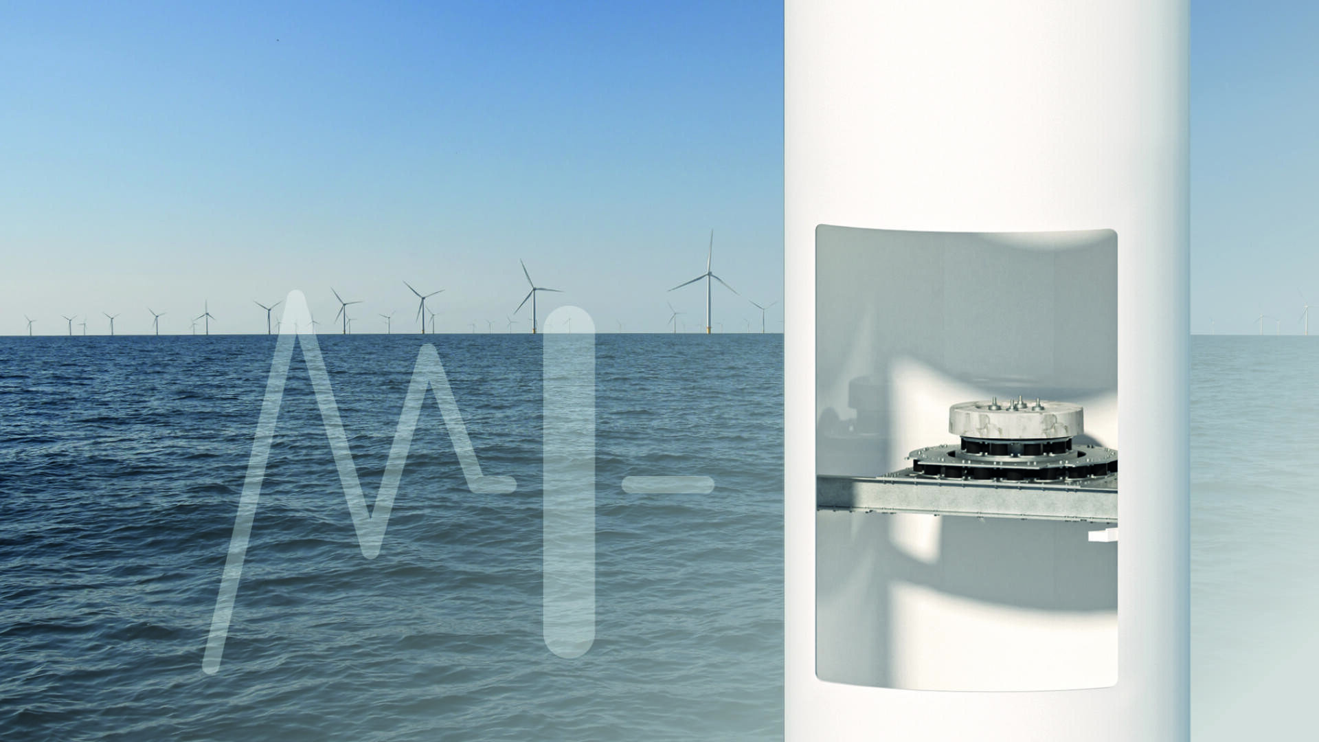 Windturbinen stehen im Meer unter einem klaren blauen Himmel; eine Nahaufnahme zeigt das Innere der Turbine, während die schwachen weißen Buchstaben M I einen Teil des Bildes überlagern.